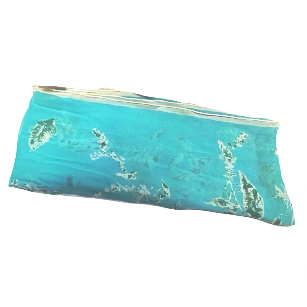 Vintage Silk Chiffon Scarf | Aqua Leaf Print | Oblong Scarf | 31 x 17